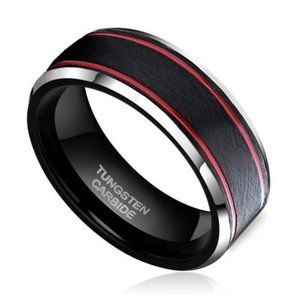 Mens Tungsten Wedding Band 8mm. Black Tungsten Ring w/ Double Red Groove Stripes